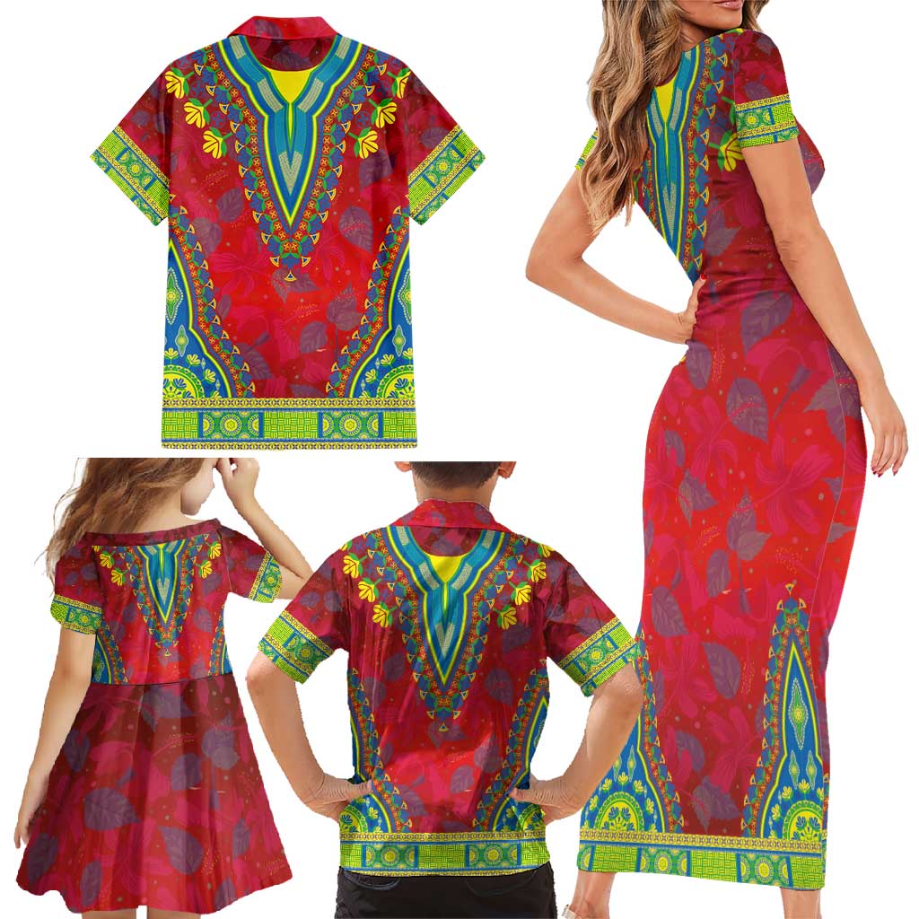 Haiti Choeblack Dashiki Style Family Matching Short Sleeve Bodycon Dress and Hawaiian Shirt Red Color