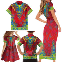 Haiti Choeblack Dashiki Style Family Matching Short Sleeve Bodycon Dress and Hawaiian Shirt Red Color