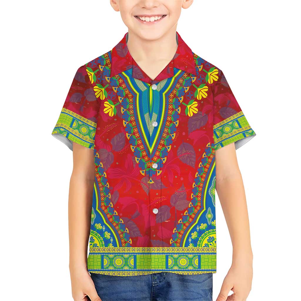 Haiti Choeblack Dashiki Style Family Matching Short Sleeve Bodycon Dress and Hawaiian Shirt Red Color