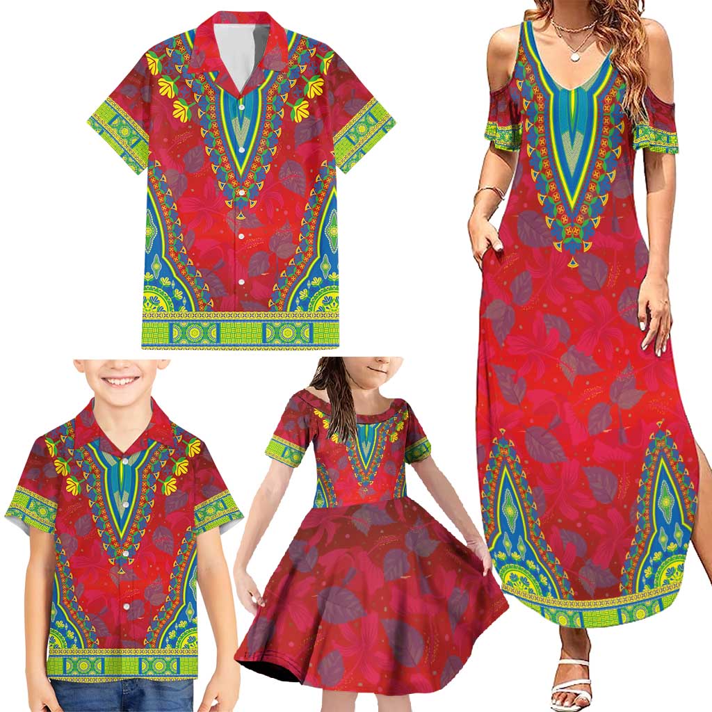 Haiti Choeblack Dashiki Style Family Matching Summer Maxi Dress and Hawaiian Shirt Red Color