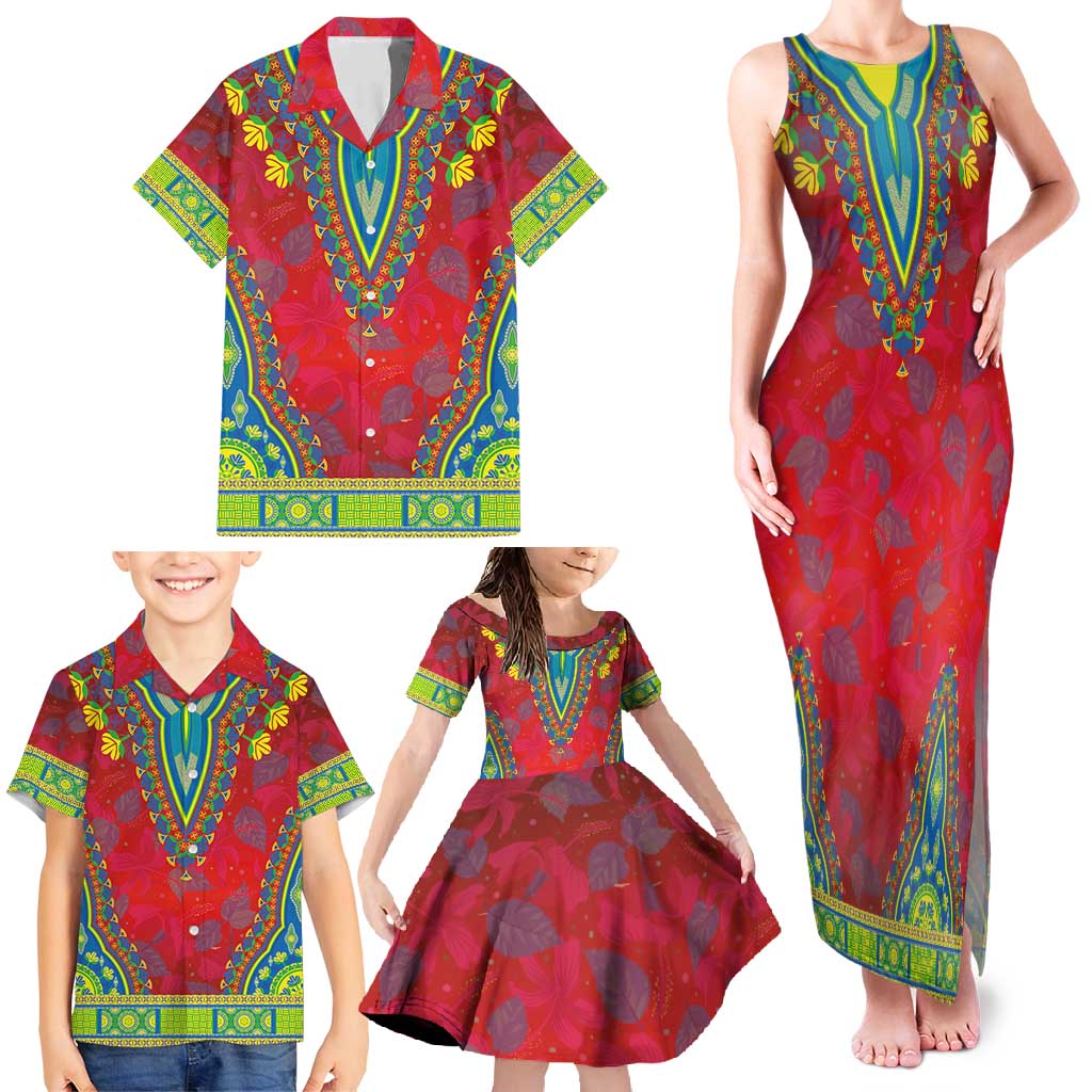 Haiti Choeblack Dashiki Style Family Matching Tank Maxi Dress and Hawaiian Shirt Red Color