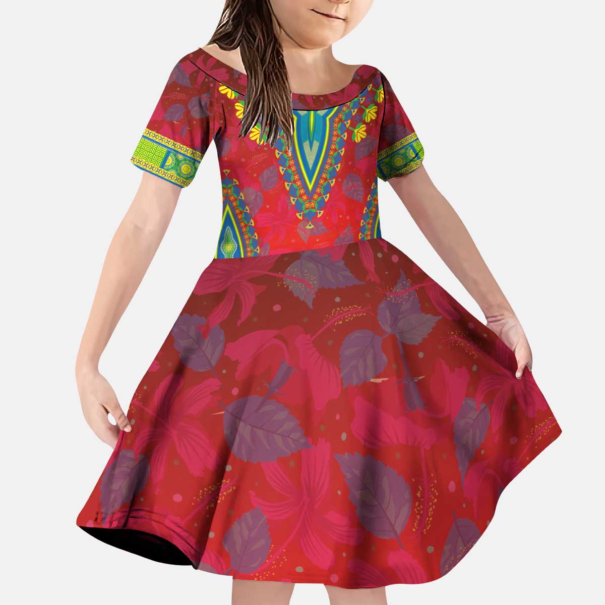 Haiti Choeblack Dashiki Style Kid Short Sleeve Dress Red Color