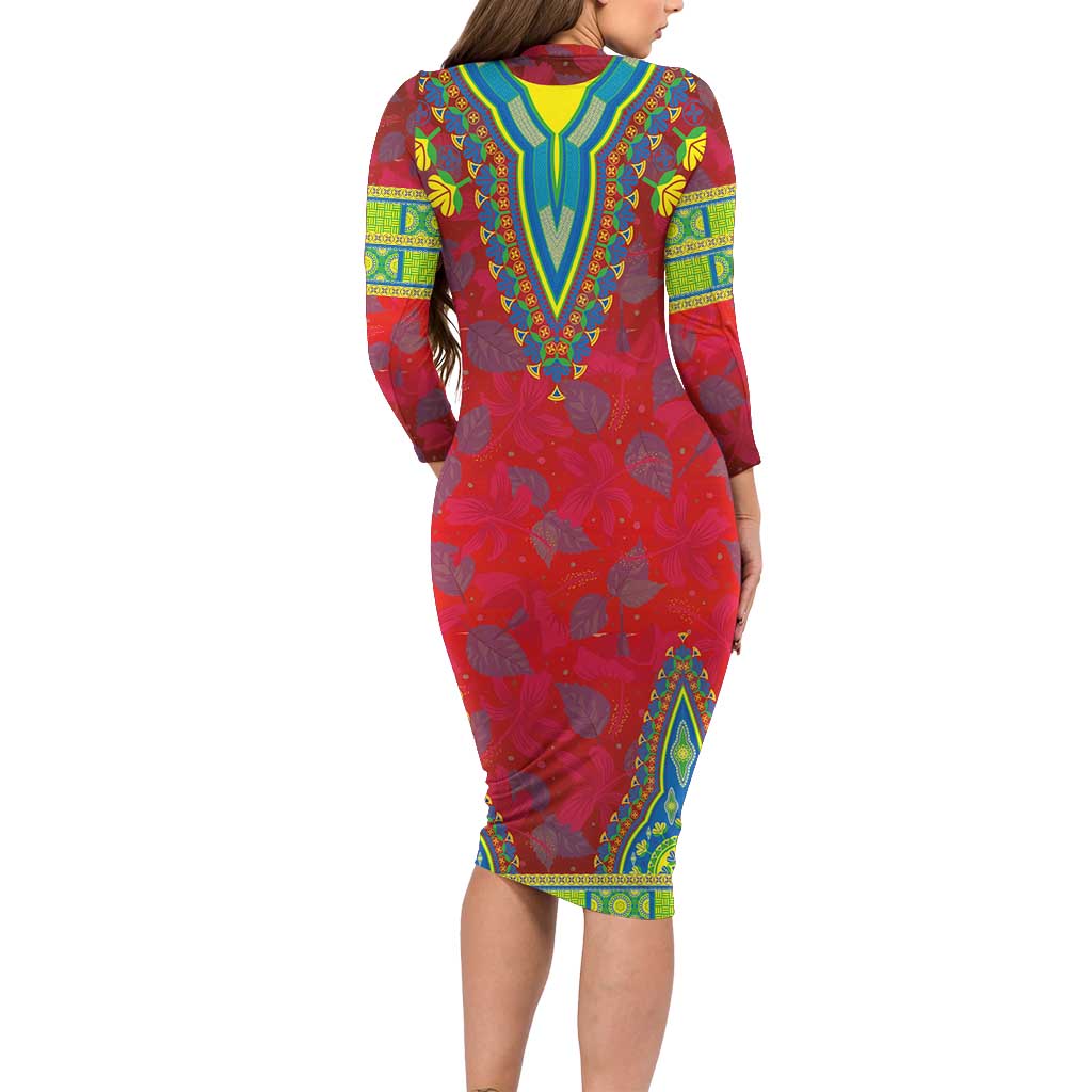 Haiti Choeblack Dashiki Style Long Sleeve Bodycon Dress Red Color