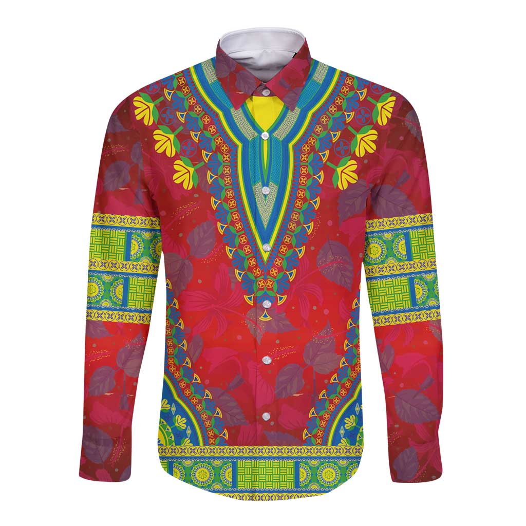 Haiti Choeblack Dashiki Style Long Sleeve Button Shirt Red Color