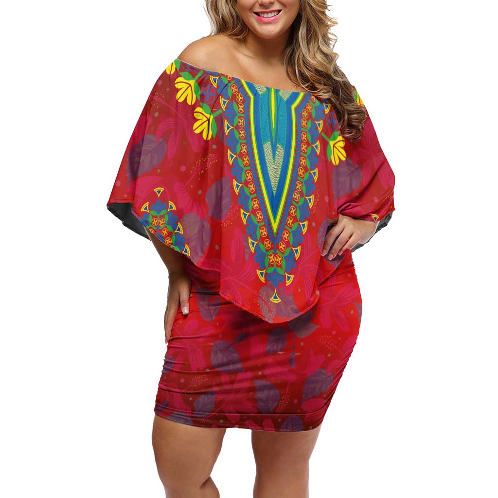 Haiti Choeblack Dashiki Style Off Shoulder Short Dress Red Color