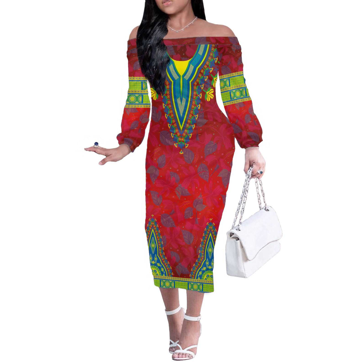 Haiti Choeblack Dashiki Style Off The Shoulder Long Sleeve Dress Red Color