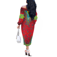 Haiti Choeblack Dashiki Style Off The Shoulder Long Sleeve Dress Red Color