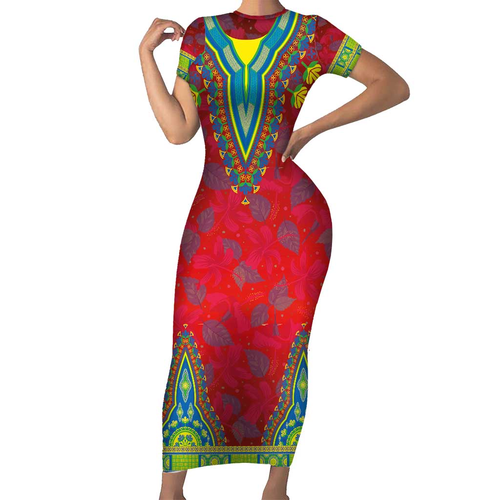 Haiti Choeblack Dashiki Style Short Sleeve Bodycon Dress Red Color