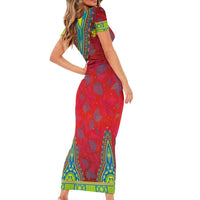 Haiti Choeblack Dashiki Style Short Sleeve Bodycon Dress Red Color