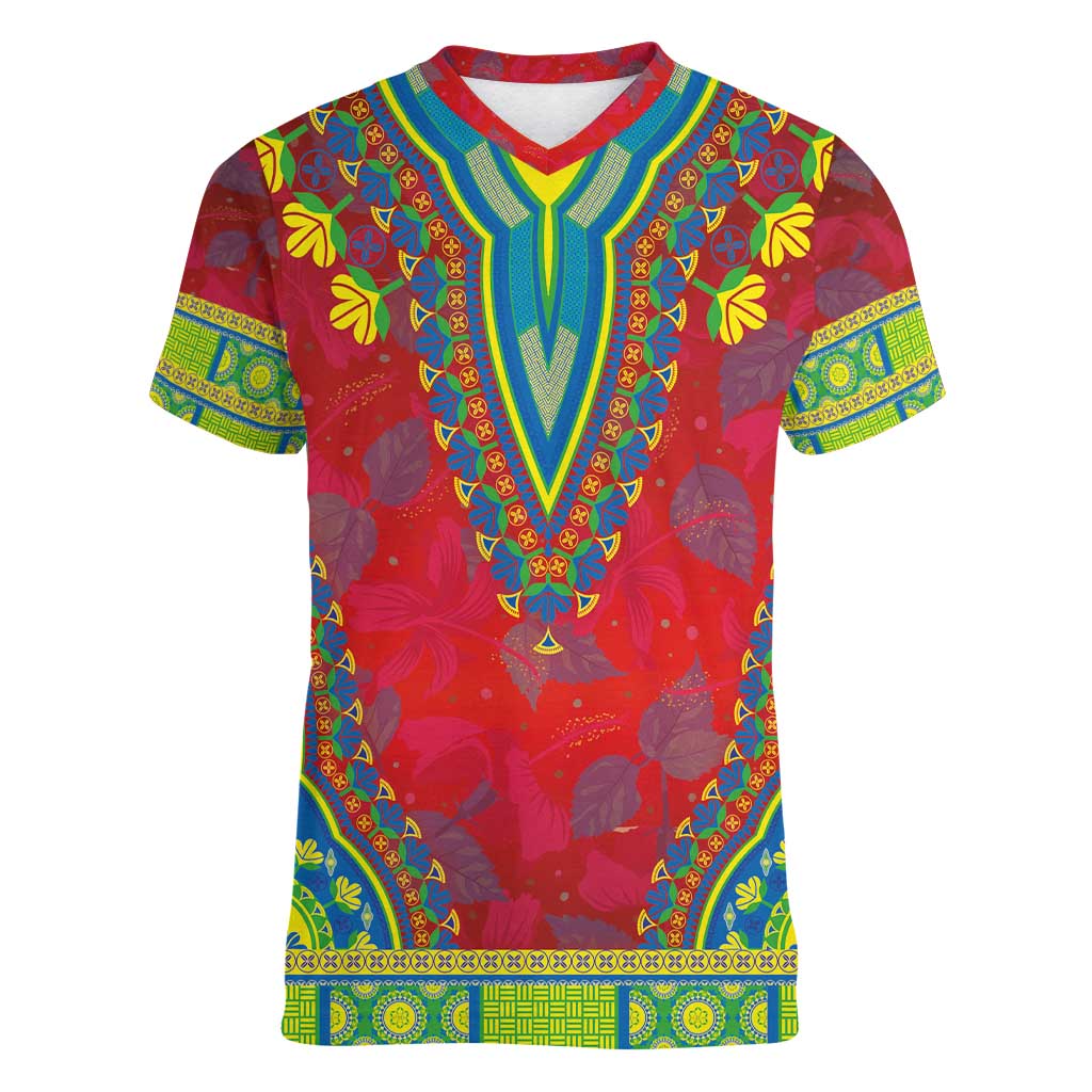 Haiti Choeblack Dashiki Style Women V-Neck T-Shirt Red Color