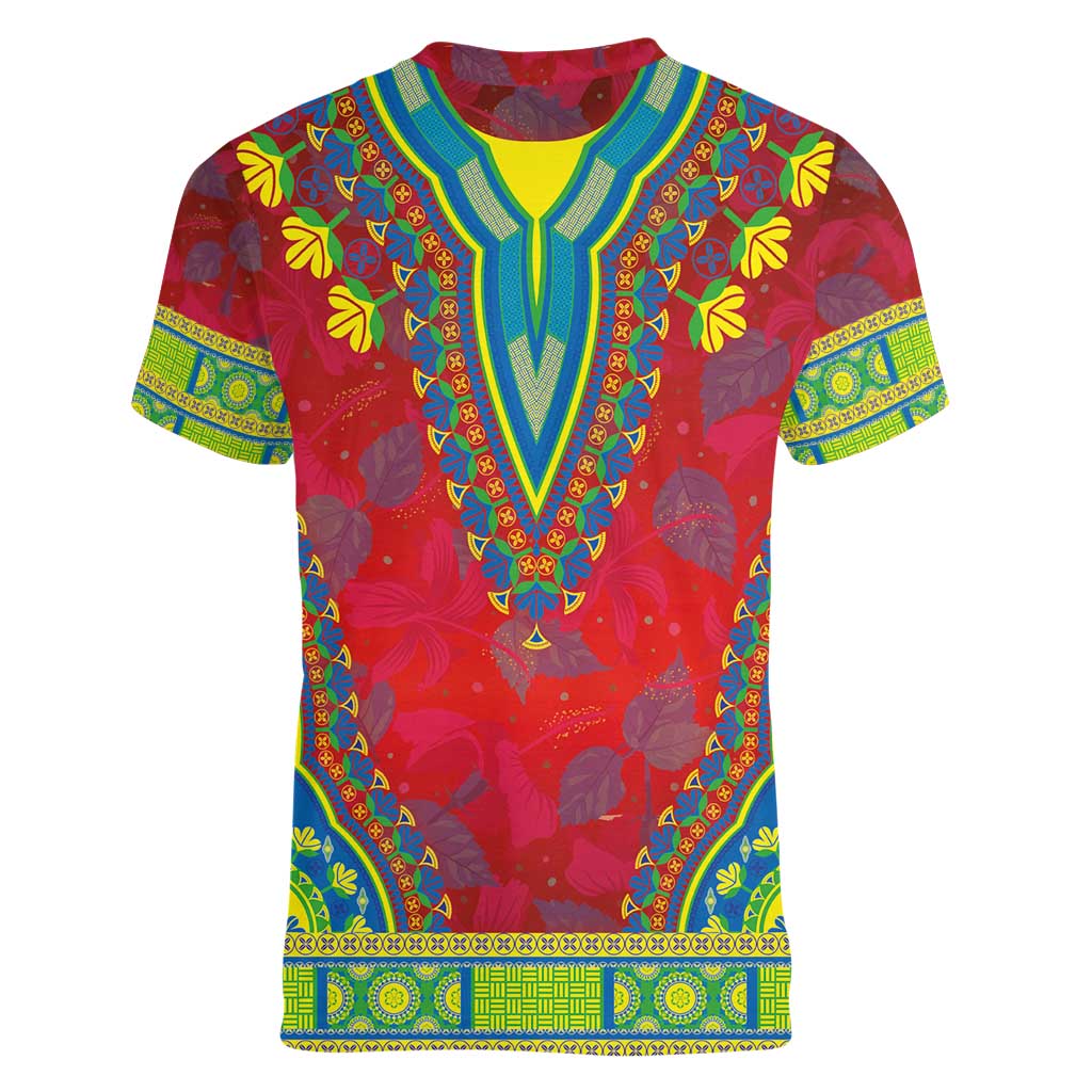 Haiti Choeblack Dashiki Style Women V-Neck T-Shirt Red Color