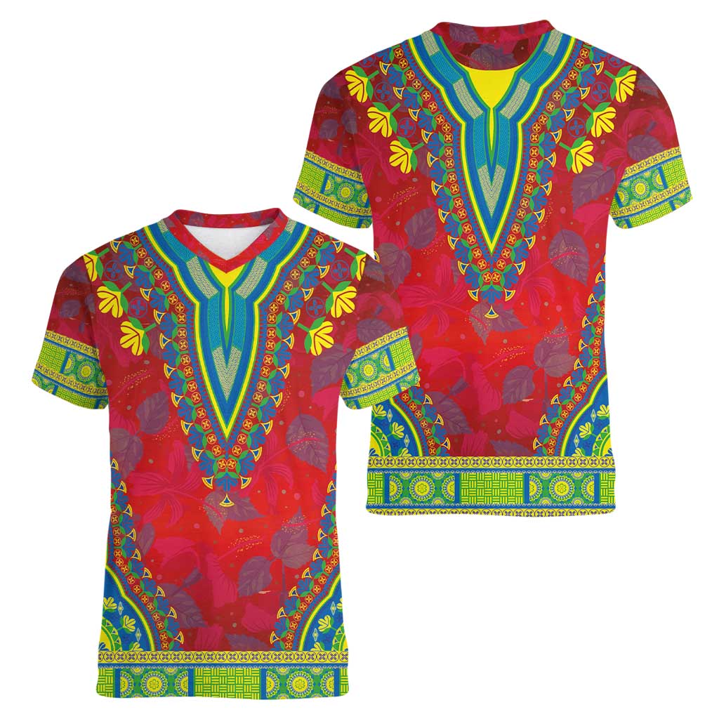 Haiti Choeblack Dashiki Style Women V-Neck T-Shirt Red Color