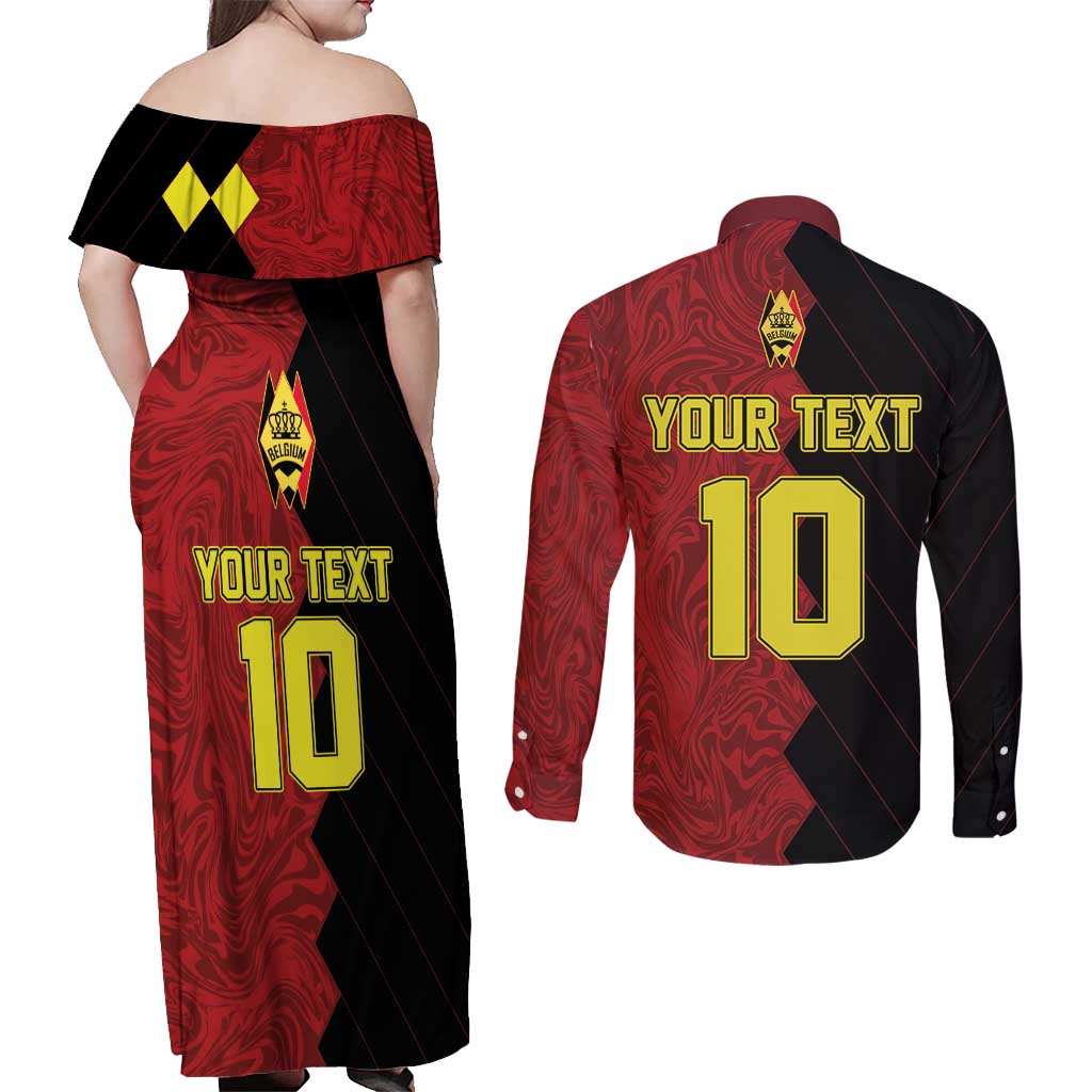 Custom Belgium Football 2024 Go Champion Couples Matching Off Shoulder Maxi Dress and Long Sleeve Button Shirt - Wonder Print Shop