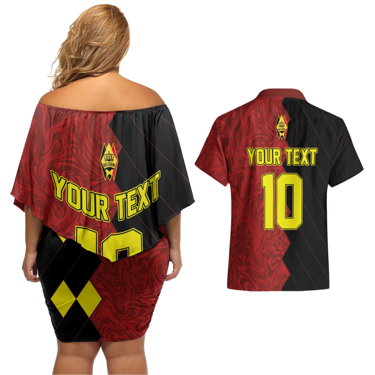 Custom Belgium Football 2024 Go Champion Couples Matching Off Shoulder Short Dress and Hawaiian Shirt - Wonder Print Shop