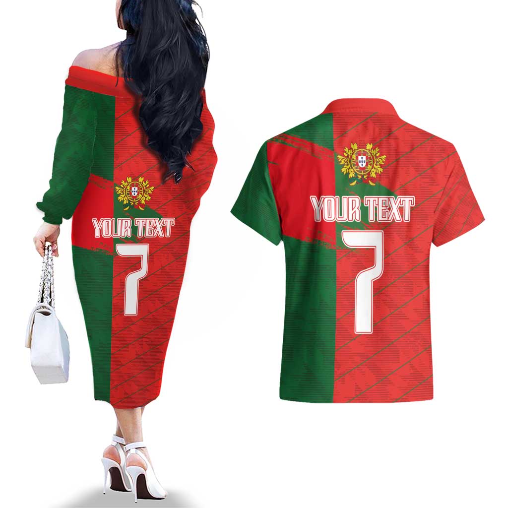 Custom Portugal Football 2024 Go Champion Couples Matching Off The Shoulder Long Sleeve Dress and Hawaiian Shirt - Wonder Print Shop