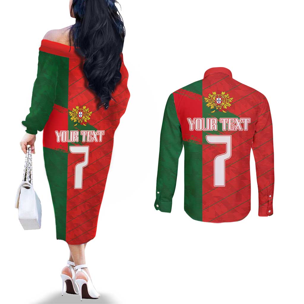 Custom Portugal Football 2024 Go Champion Couples Matching Off The Shoulder Long Sleeve Dress and Long Sleeve Button Shirt
