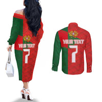 Custom Portugal Football 2024 Go Champion Couples Matching Off The Shoulder Long Sleeve Dress and Long Sleeve Button Shirt