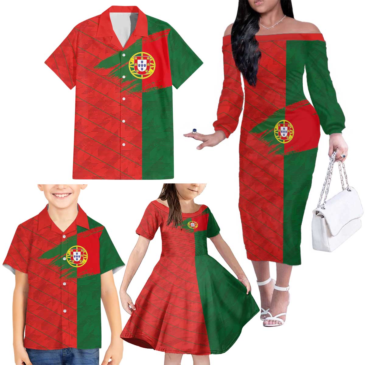 Custom Portugal Football 2024 Go Champion Family Matching Off The Shoulder Long Sleeve Dress and Hawaiian Shirt - Wonder Print Shop