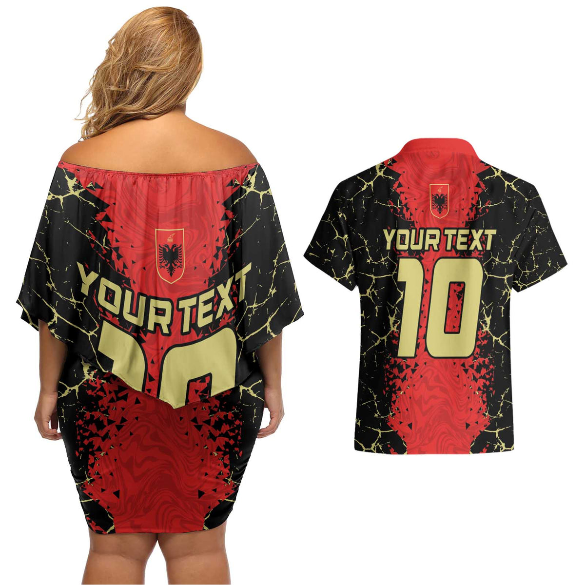 Custom Albania Football 2024 Go Champion Couples Matching Off Shoulder Short Dress and Hawaiian Shirt - Wonder Print Shop