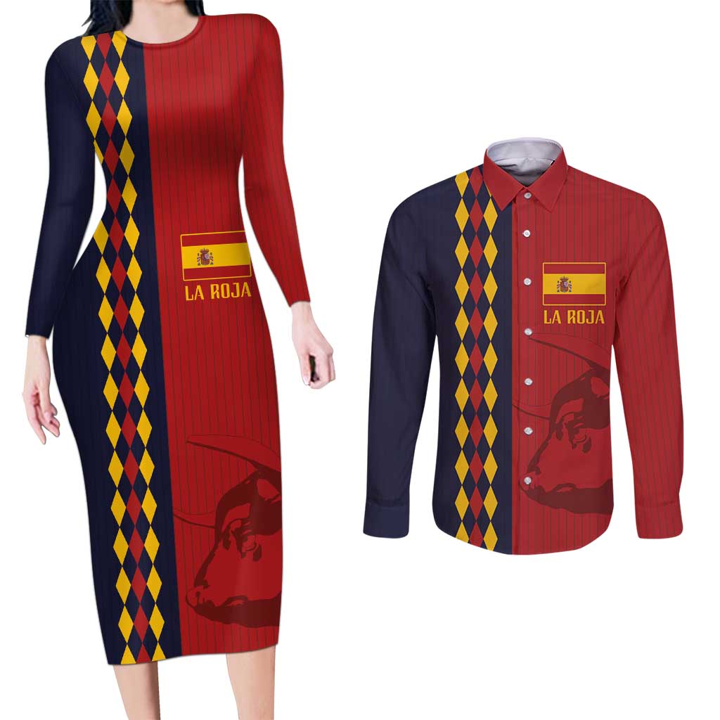 Custom Spain Football 2024 Go Champion Couples Matching Long Sleeve Bodycon Dress and Long Sleeve Button Shirt - Wonder Print Shop
