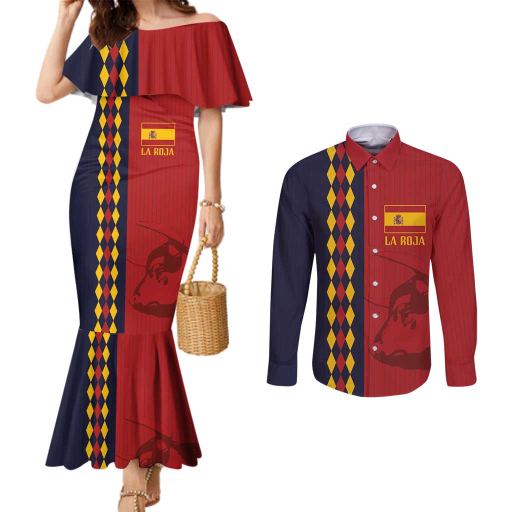 Custom Spain Football 2024 Go Champion Couples Matching Mermaid Dress and Long Sleeve Button Shirt