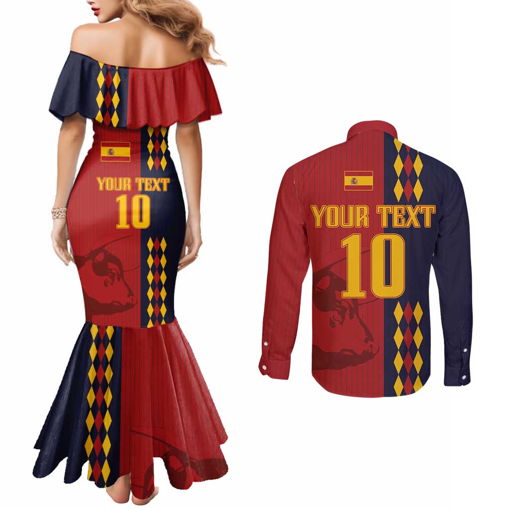 Custom Spain Football 2024 Go Champion Couples Matching Mermaid Dress and Long Sleeve Button Shirt