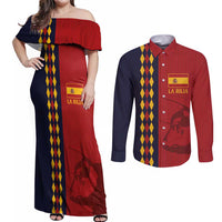 Custom Spain Football 2024 Go Champion Couples Matching Off Shoulder Maxi Dress and Long Sleeve Button Shirt - Wonder Print Shop