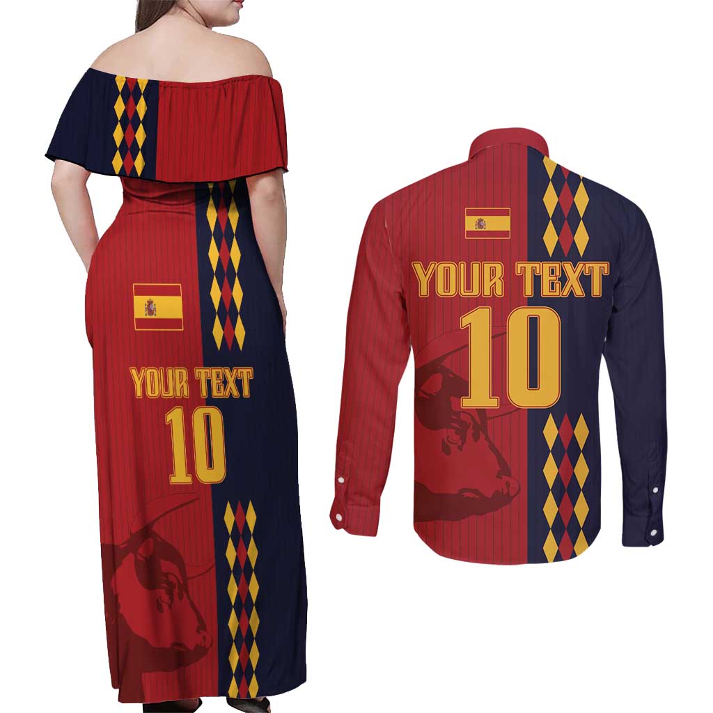 Custom Spain Football 2024 Go Champion Couples Matching Off Shoulder Maxi Dress and Long Sleeve Button Shirt - Wonder Print Shop