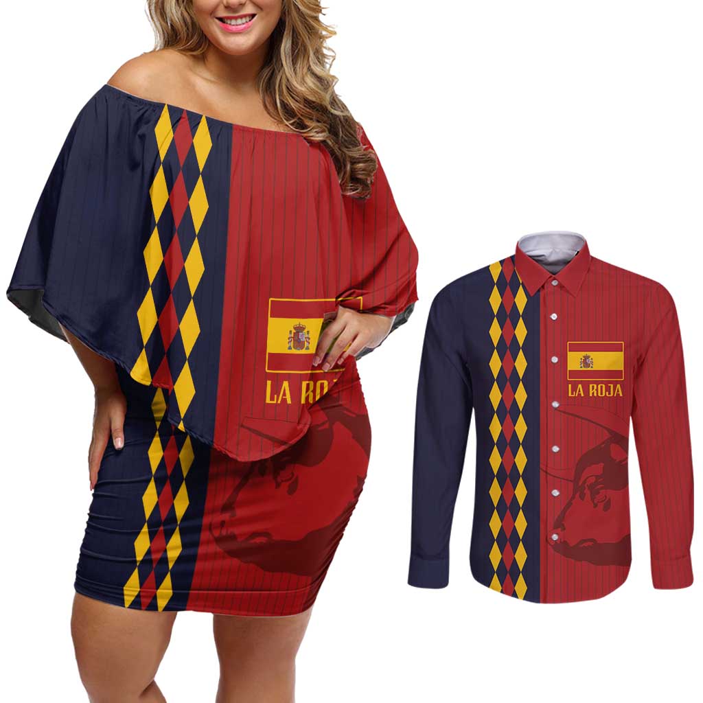 Custom Spain Football 2024 Go Champion Couples Matching Off Shoulder Short Dress and Long Sleeve Button Shirt - Wonder Print Shop