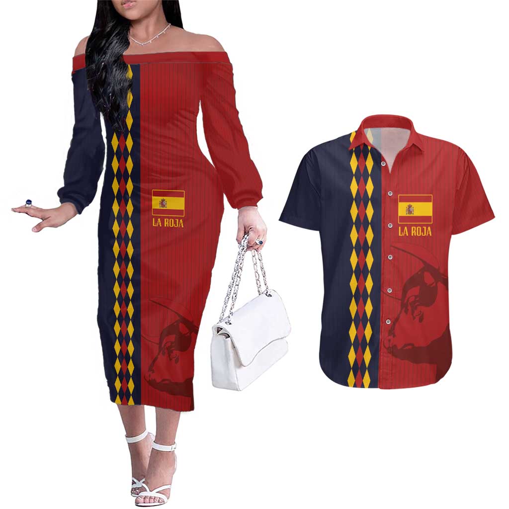 Custom Spain Football 2024 Go Champion Couples Matching Off The Shoulder Long Sleeve Dress and Hawaiian Shirt - Wonder Print Shop