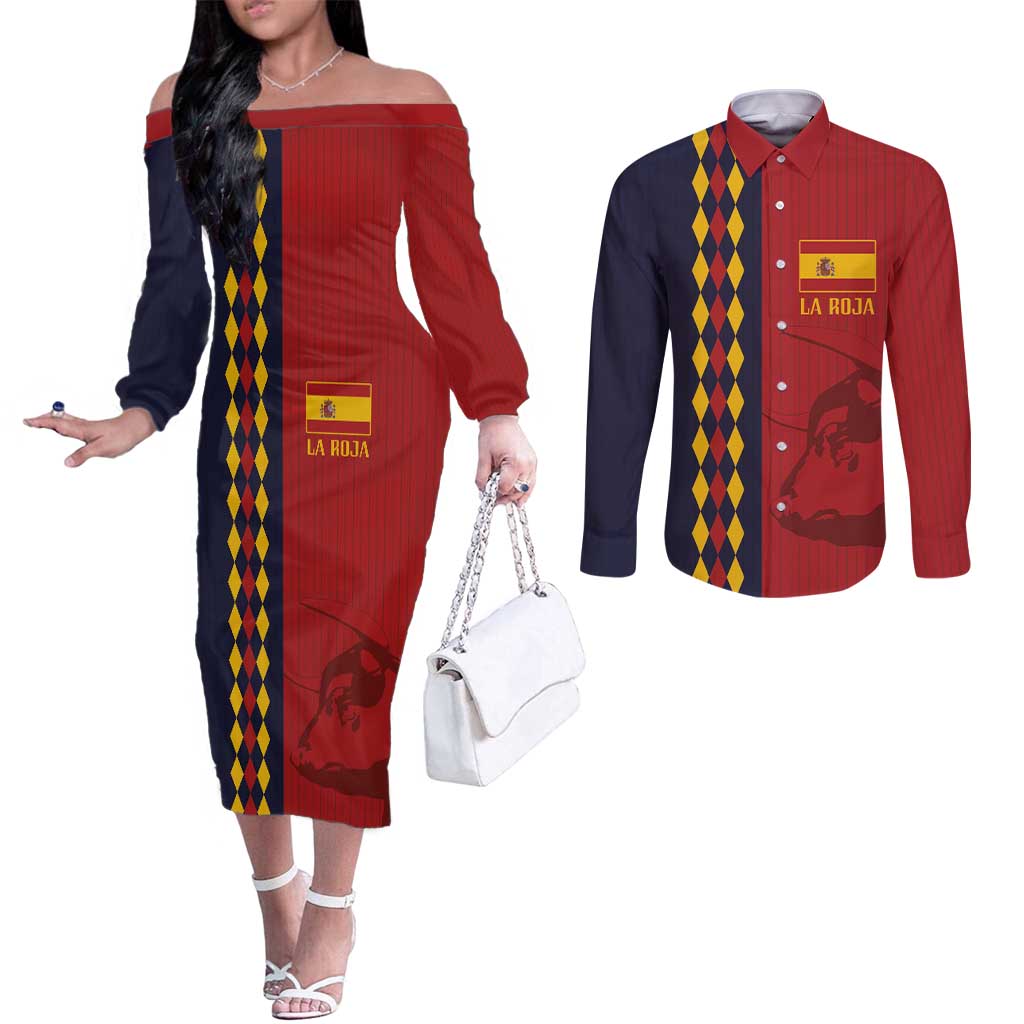 Custom Spain Football 2024 Go Champion Couples Matching Off The Shoulder Long Sleeve Dress and Long Sleeve Button Shirt