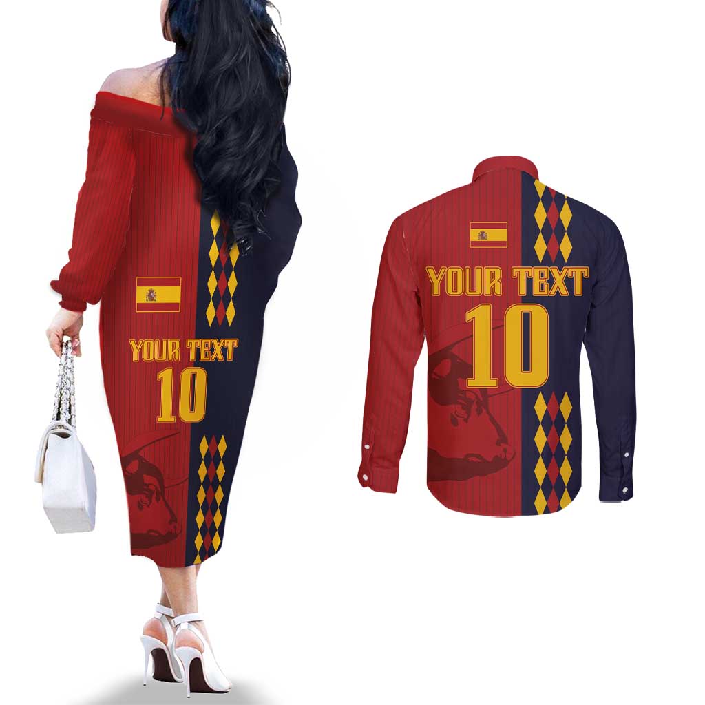 Custom Spain Football 2024 Go Champion Couples Matching Off The Shoulder Long Sleeve Dress and Long Sleeve Button Shirt