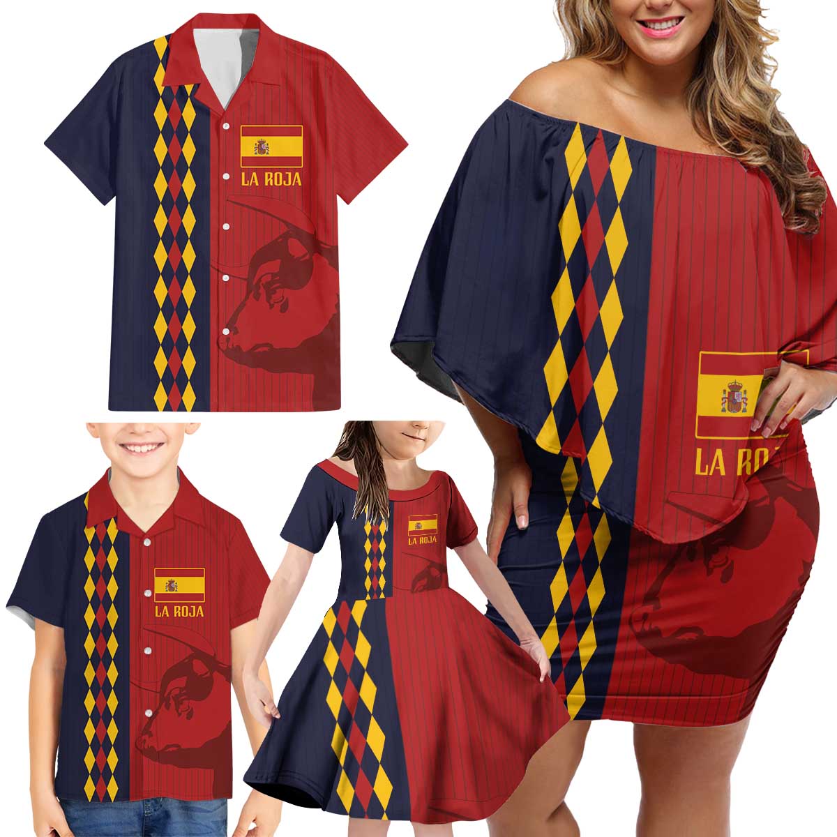 Custom Spain Football 2024 Go Champion Family Matching Off Shoulder Short Dress and Hawaiian Shirt - Wonder Print Shop