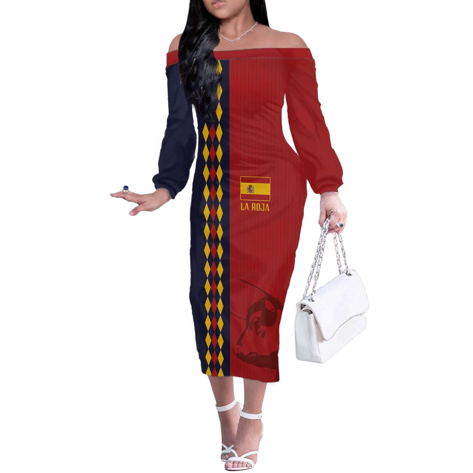 Custom Spain Football 2024 Go Champion Off The Shoulder Long Sleeve Dress - Wonder Print Shop