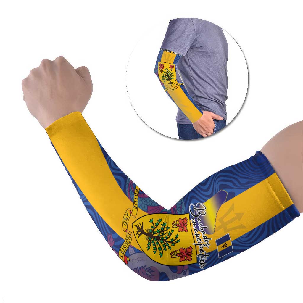 Personalised Barbados Emancipation Day Arm Sleeves Coat of Arms and Map National Flag Style - Wonder Print Shop