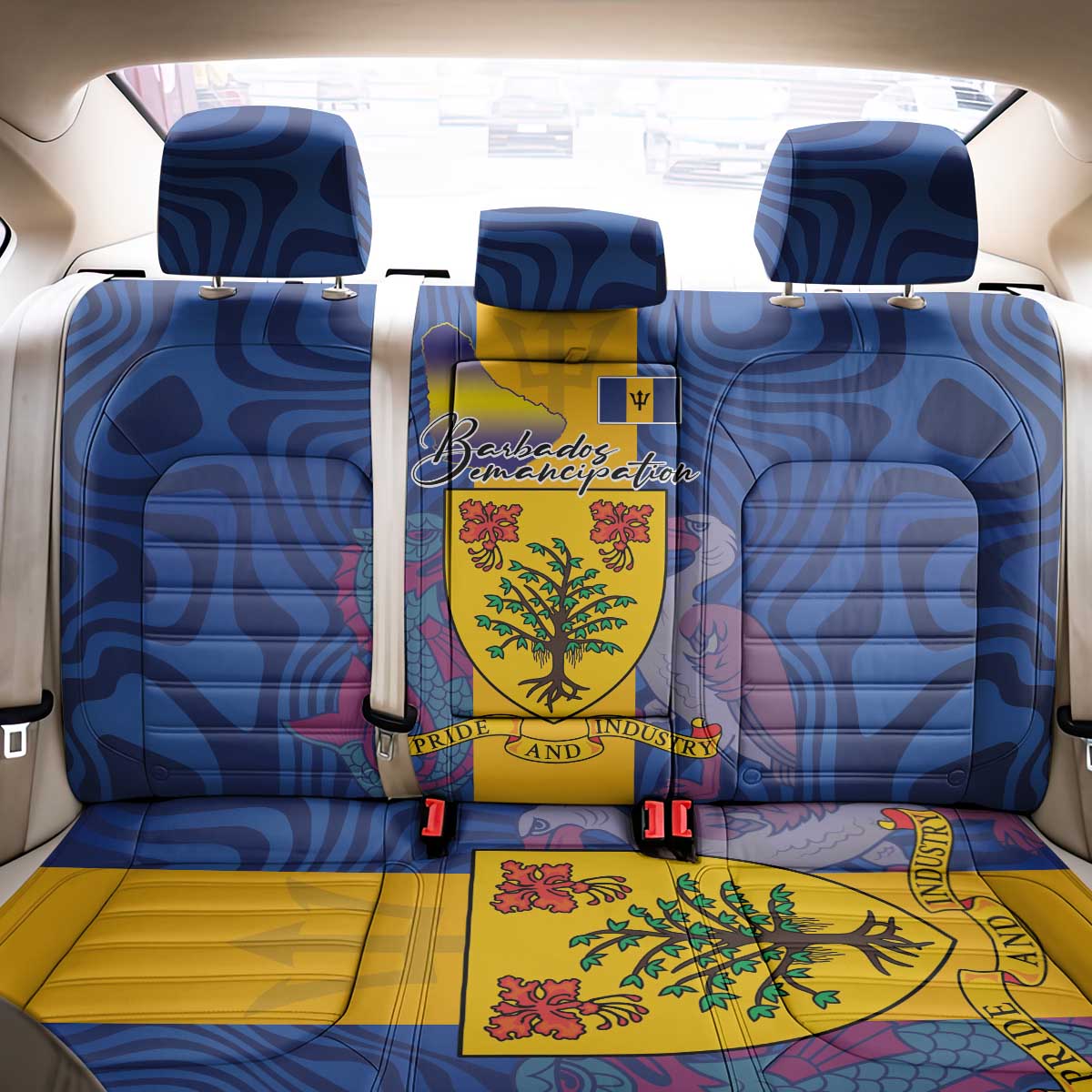 Barbados Emancipation Day Back Car Seat Cover Coat of Arms and Map National Flag Style - Wonder Print Shop