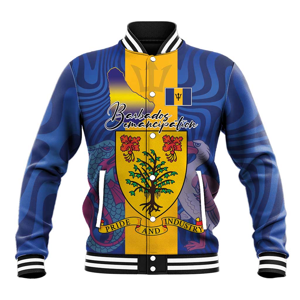 Personalised Barbados Emancipation Day Baseball Jacket Coat of Arms and Map National Flag Style - Wonder Print Shop