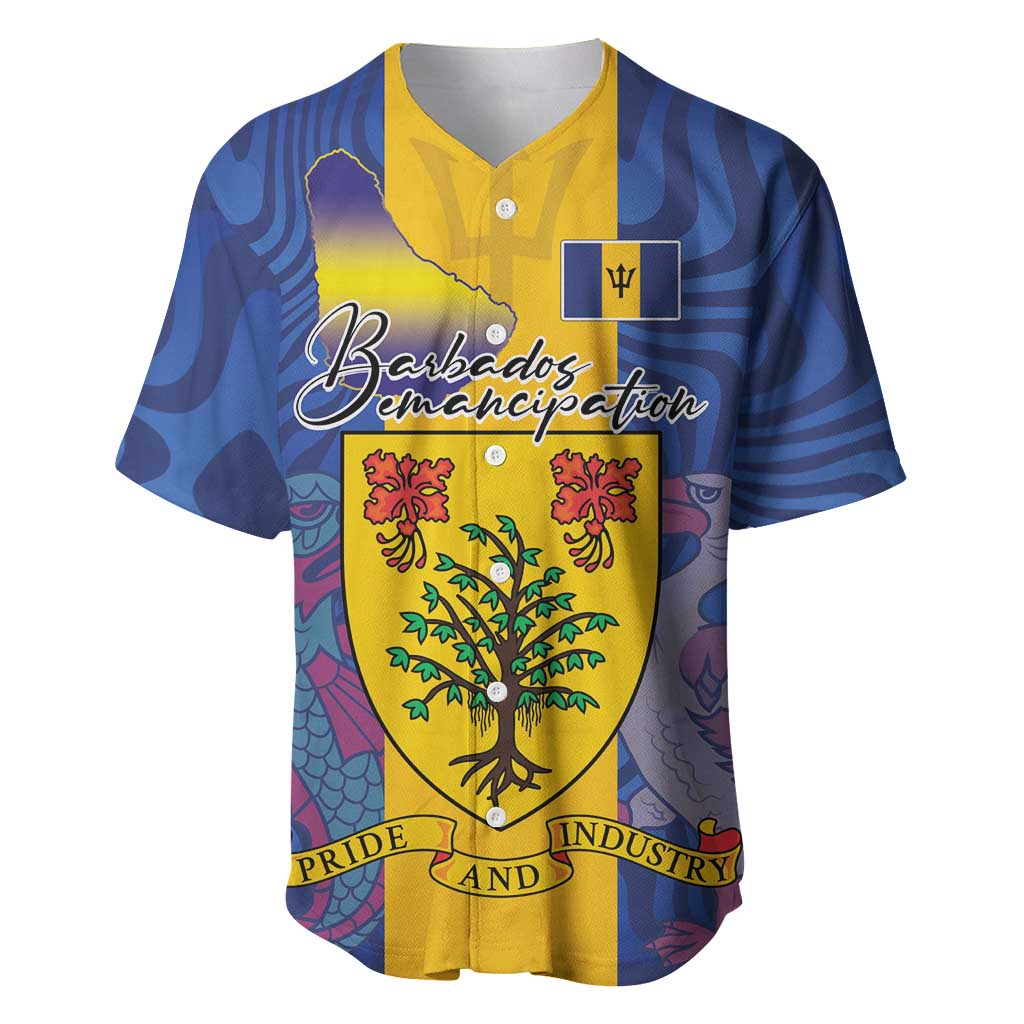 Personalised Barbados Emancipation Day Baseball Jersey Coat of Arms and Map National Flag Style - Wonder Print Shop