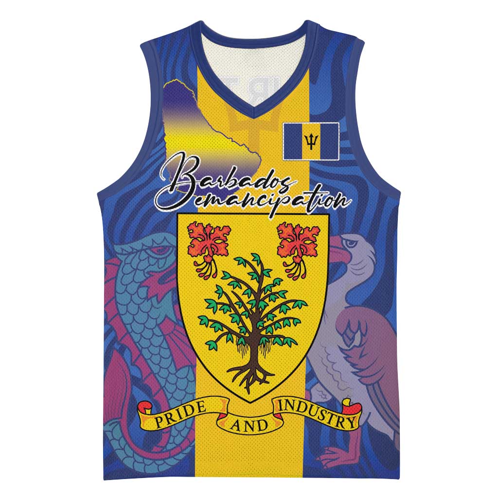 Personalised Barbados Emancipation Day Basketball Jersey Coat of Arms and Map National Flag Style - Wonder Print Shop