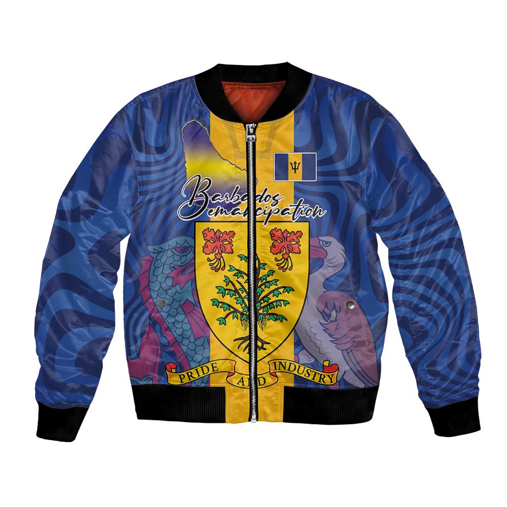 Personalised Barbados Emancipation Day Bomber Jacket Coat of Arms and Map National Flag Style - Wonder Print Shop