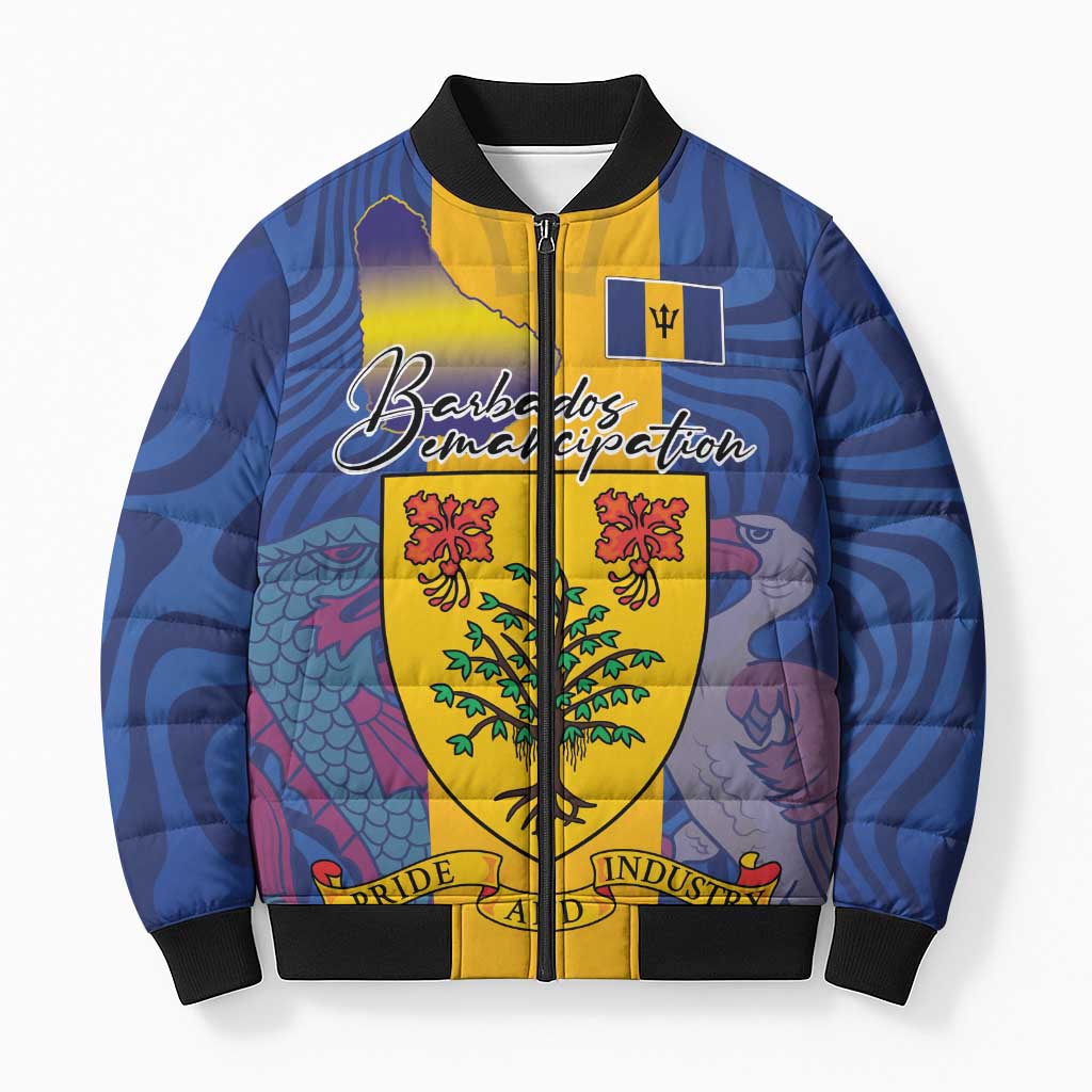 Personalised Barbados Emancipation Day Bomber Puffer Jacket Coat of Arms and Map National Flag Style - Wonder Print Shop