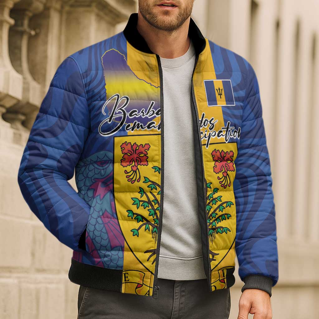 Personalised Barbados Emancipation Day Bomber Puffer Jacket Coat of Arms and Map National Flag Style - Wonder Print Shop