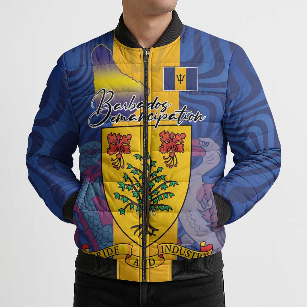 Personalised Barbados Emancipation Day Bomber Puffer Jacket Coat of Arms and Map National Flag Style - Wonder Print Shop