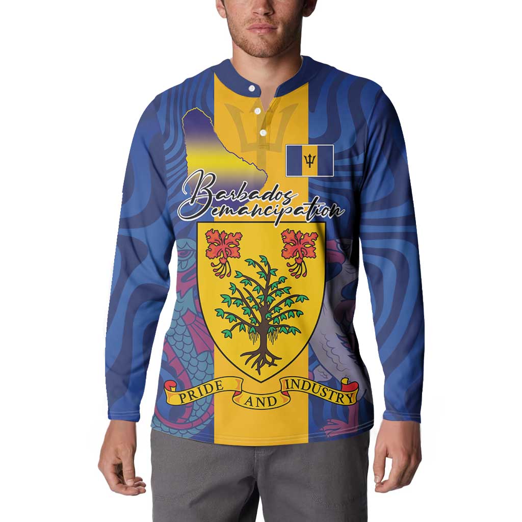 Personalised Barbados Emancipation Day Button Sweatshirt Coat of Arms and Map National Flag Style - Wonder Print Shop