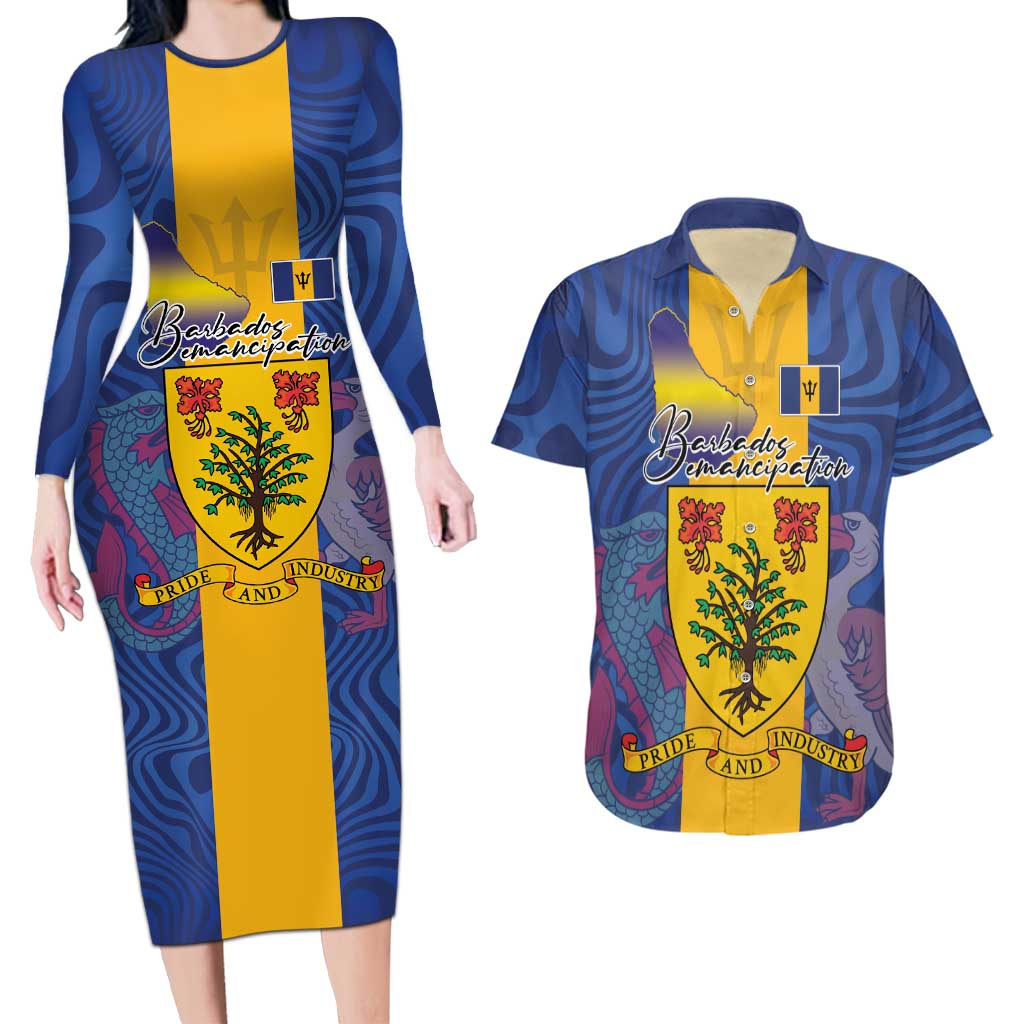 Personalised Barbados Emancipation Day Couples Matching Long Sleeve Bodycon Dress and Hawaiian Shirt Coat of Arms and Map National Flag Style - Wonder Print Shop