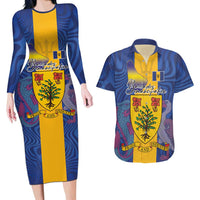 Personalised Barbados Emancipation Day Couples Matching Long Sleeve Bodycon Dress and Hawaiian Shirt Coat of Arms and Map National Flag Style - Wonder Print Shop