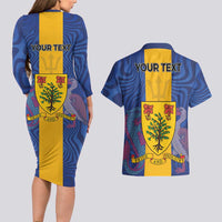 Personalised Barbados Emancipation Day Couples Matching Long Sleeve Bodycon Dress and Hawaiian Shirt Coat of Arms and Map National Flag Style - Wonder Print Shop