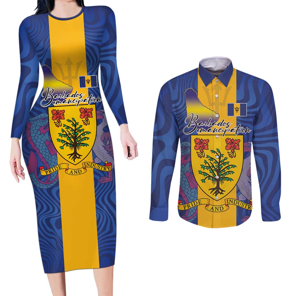 Personalised Barbados Emancipation Day Couples Matching Long Sleeve Bodycon Dress and Long Sleeve Button Shirt Coat of Arms and Map National Flag Style - Wonder Print Shop