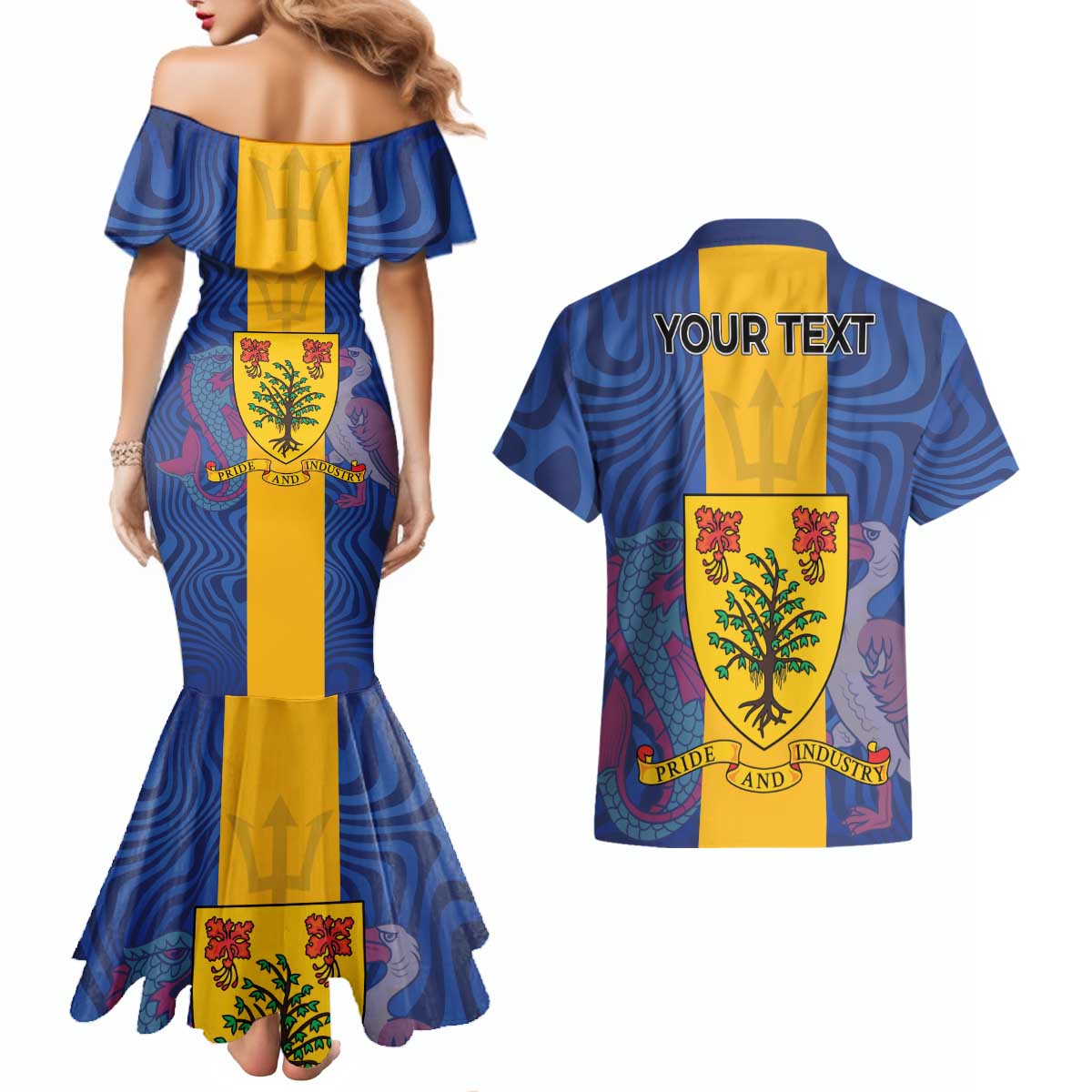 Personalised Barbados Emancipation Day Couples Matching Mermaid Dress and Hawaiian Shirt Coat of Arms and Map National Flag Style - Wonder Print Shop