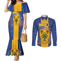 Personalised Barbados Emancipation Day Couples Matching Mermaid Dress and Long Sleeve Button Shirt Coat of Arms and Map National Flag Style - Wonder Print Shop